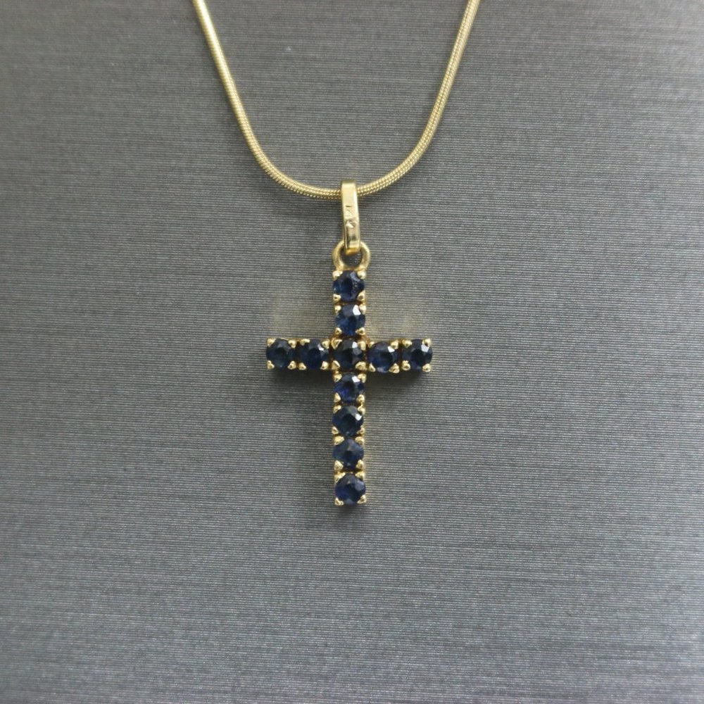14kt Yellow Gold Dark Blue Sapphire Small Cross Pendant with 14kt Snake Chain